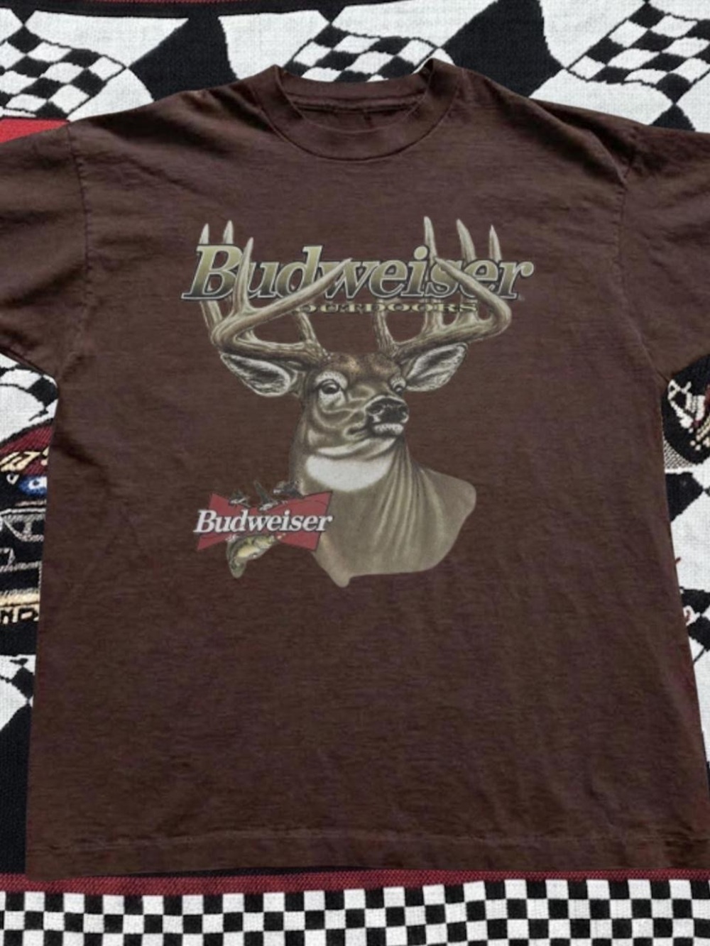 Gildan Brown Budweiser Deer Graphic Tee with Red Accent